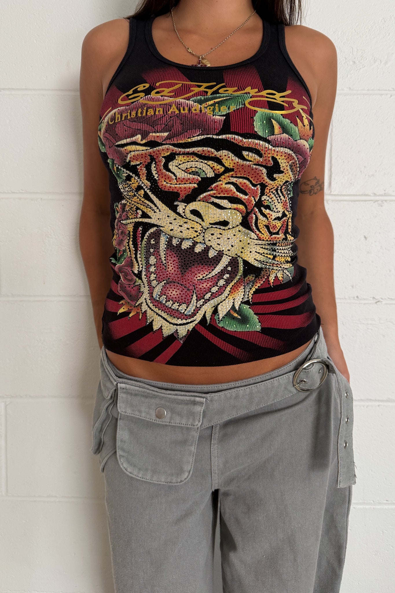 ED HARDY black diamante tiger graphic tank ★ Size Small-medium