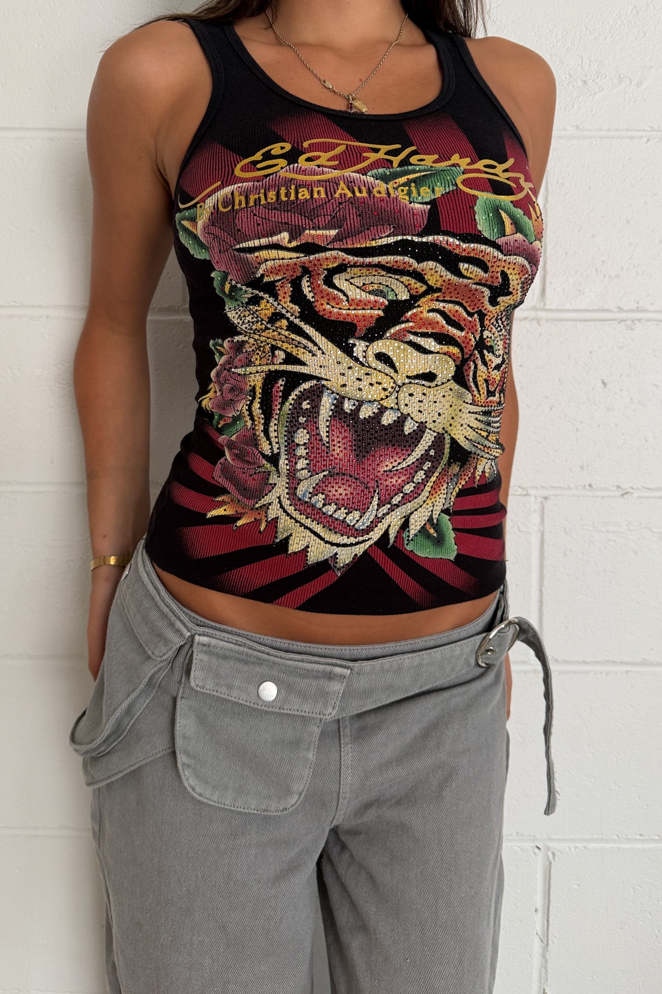 ED HARDY black diamante tiger graphic tank ★ Size Small-medium
