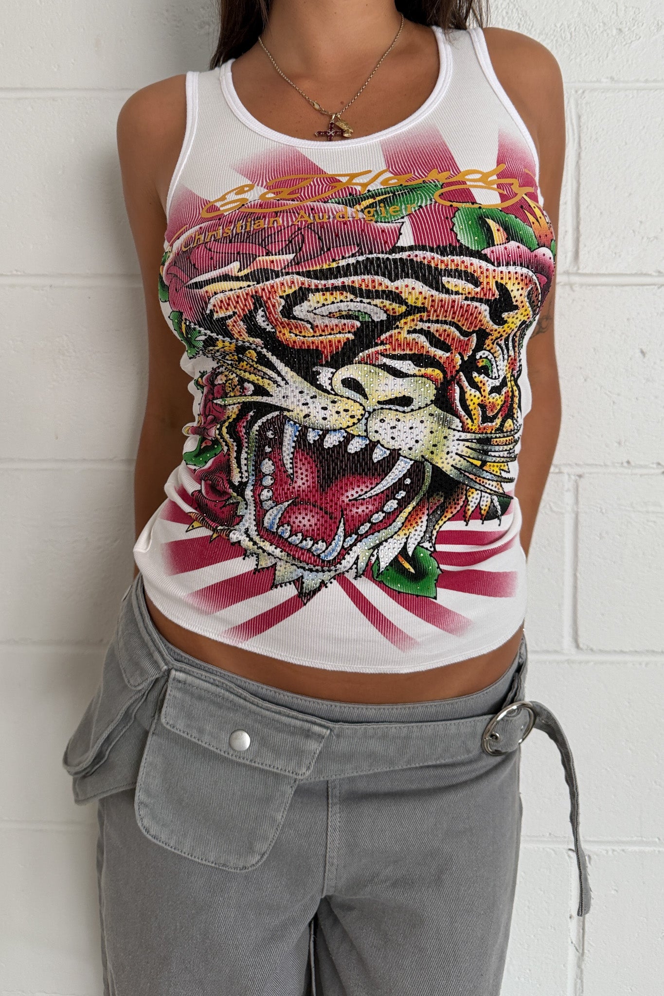 ED HARDY white diamante tiger graphic tank ★ Size Small-medium