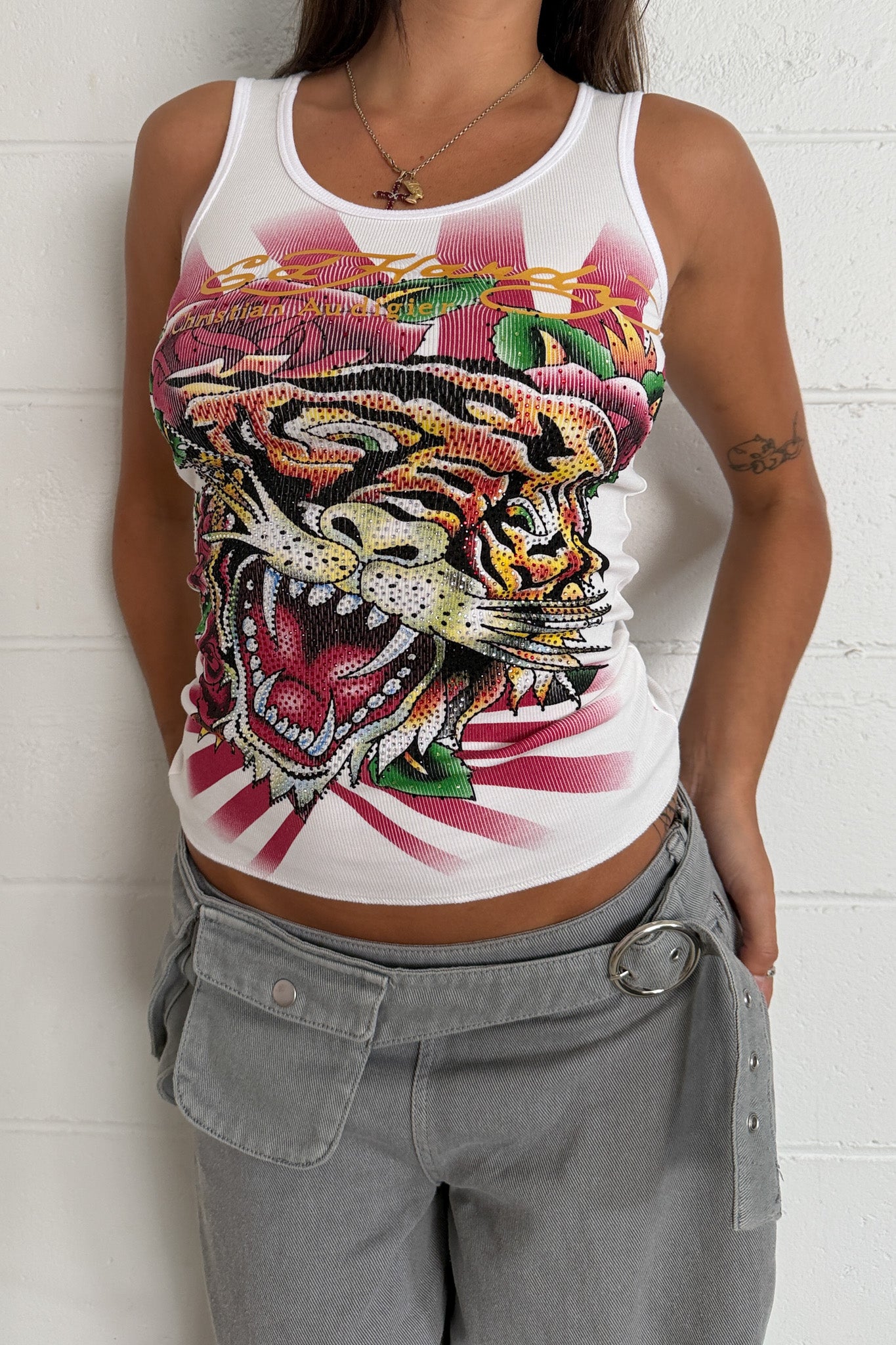 ED HARDY white diamante tiger graphic tank ★ Size Small-medium