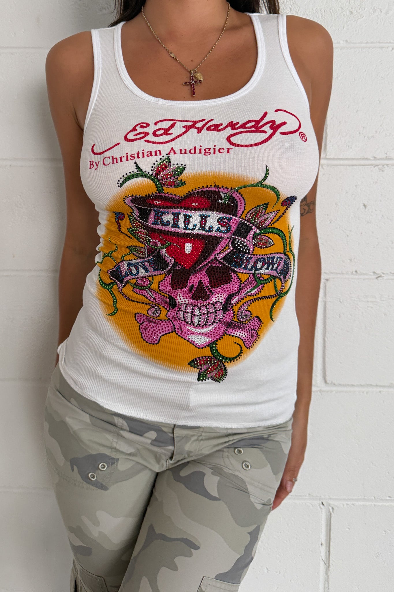 ED HARDY white diamante skull graphic tank ★ Size Medium
