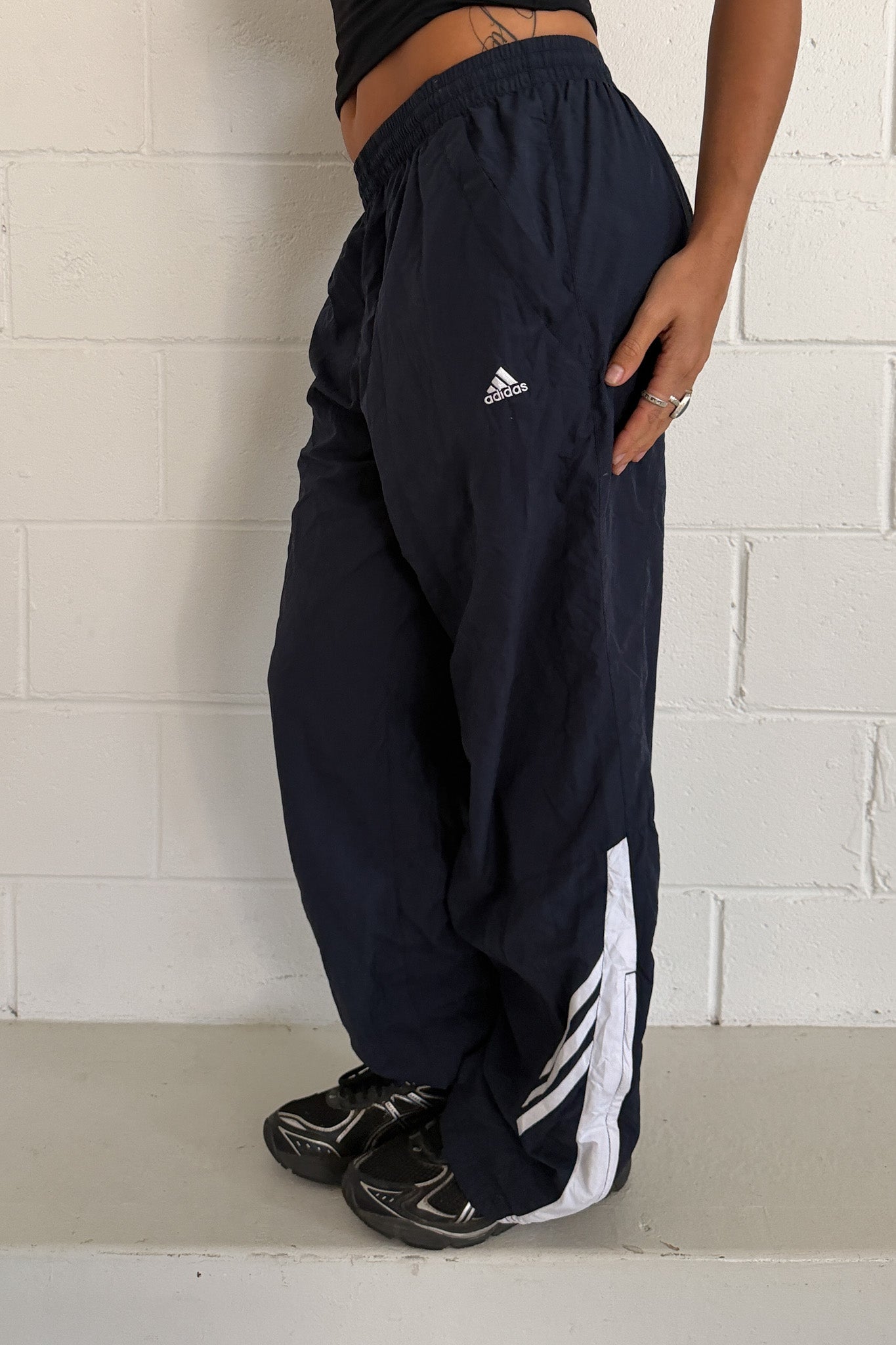 ADIDAS navy low white logo track pants ★ Size small-medium