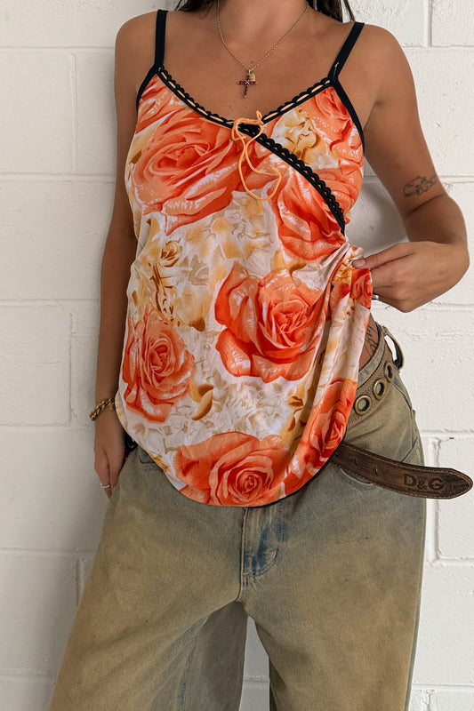 Orange floral mini dress ★ Size estimated small