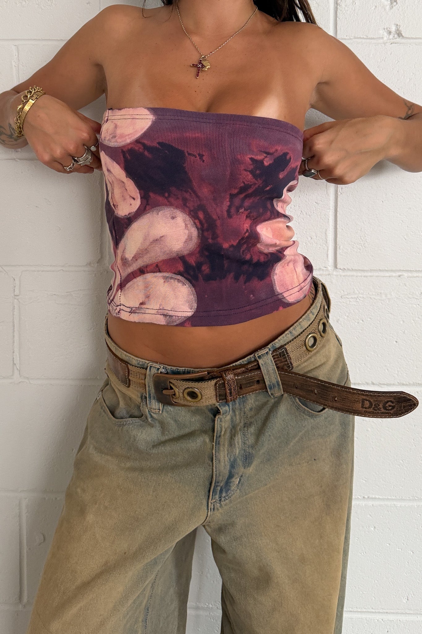 Purple + pink bleached floral bandeau ★ Size xs