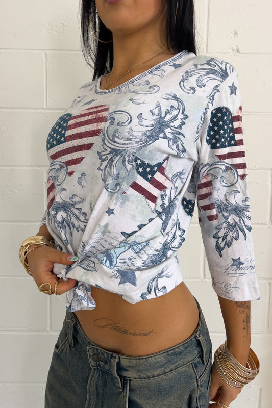 CACTUS BAY  blue + white graphic long sleeve ★ Size labelled large