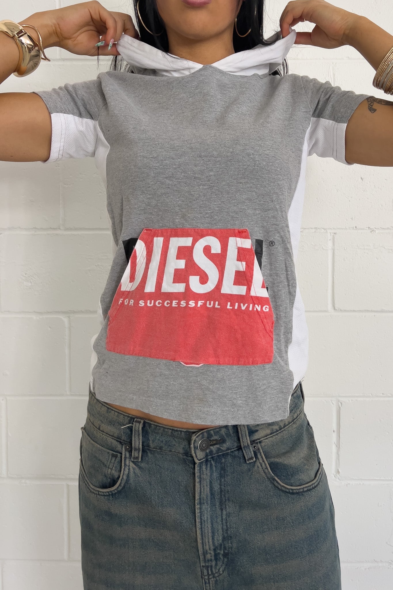 DIESEL grey + red logo hooded top  ★ Size labelled large