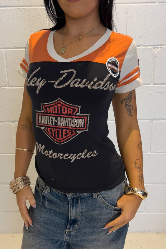 HARLEY DAVIDSON orange + black 'V' top ★ Size est small-medium
