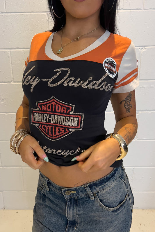 HARLEY DAVIDSON orange + black 'V' top ★ Size est small-medium