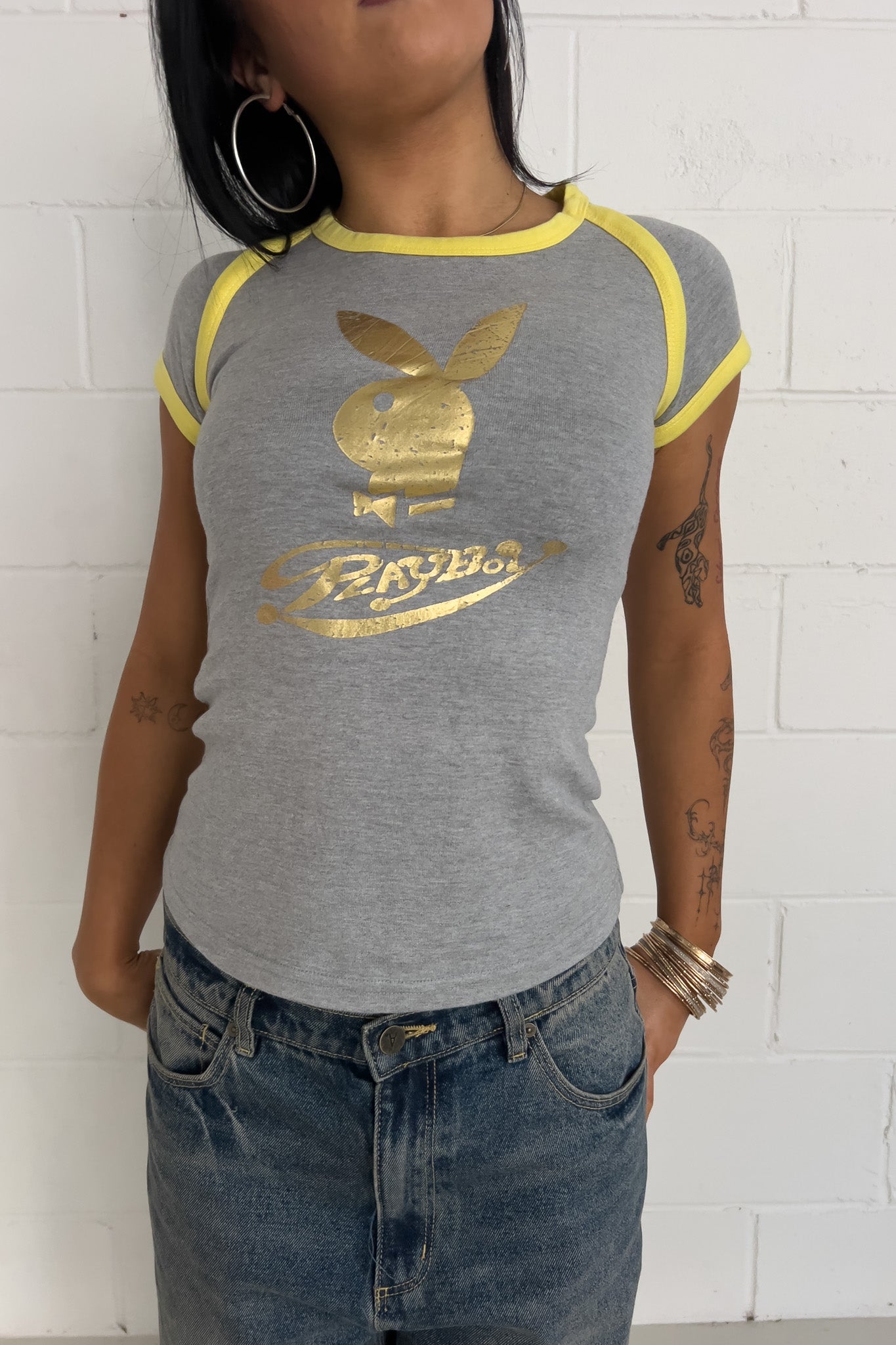 PLAYBOY grey + yellow top ★ Size labelled medium