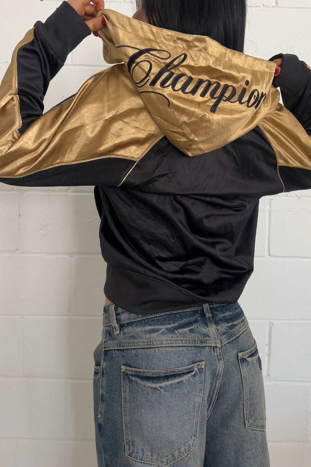 CHAMPION balck + gold hooded track jacket ★ Size labelled medium