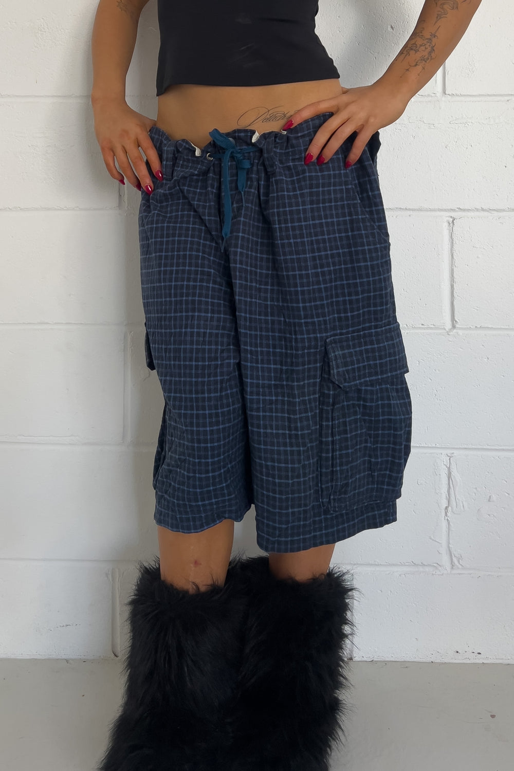 BROKEN-IN navy + blue plaid shorts ★ One size adjustable waist