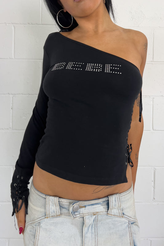 BEBE black + silver one arm top ★ Size labelled small