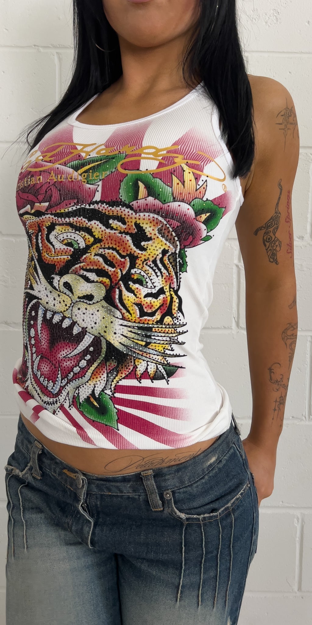 ED HARDY white diamante tiger graphic tank ★ Size Small-medium