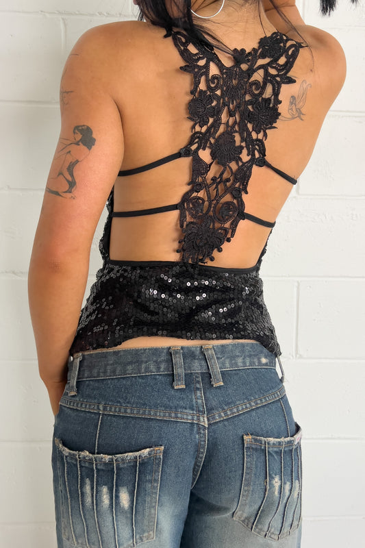Black sequin v-neck cami ★ Size est small/medium