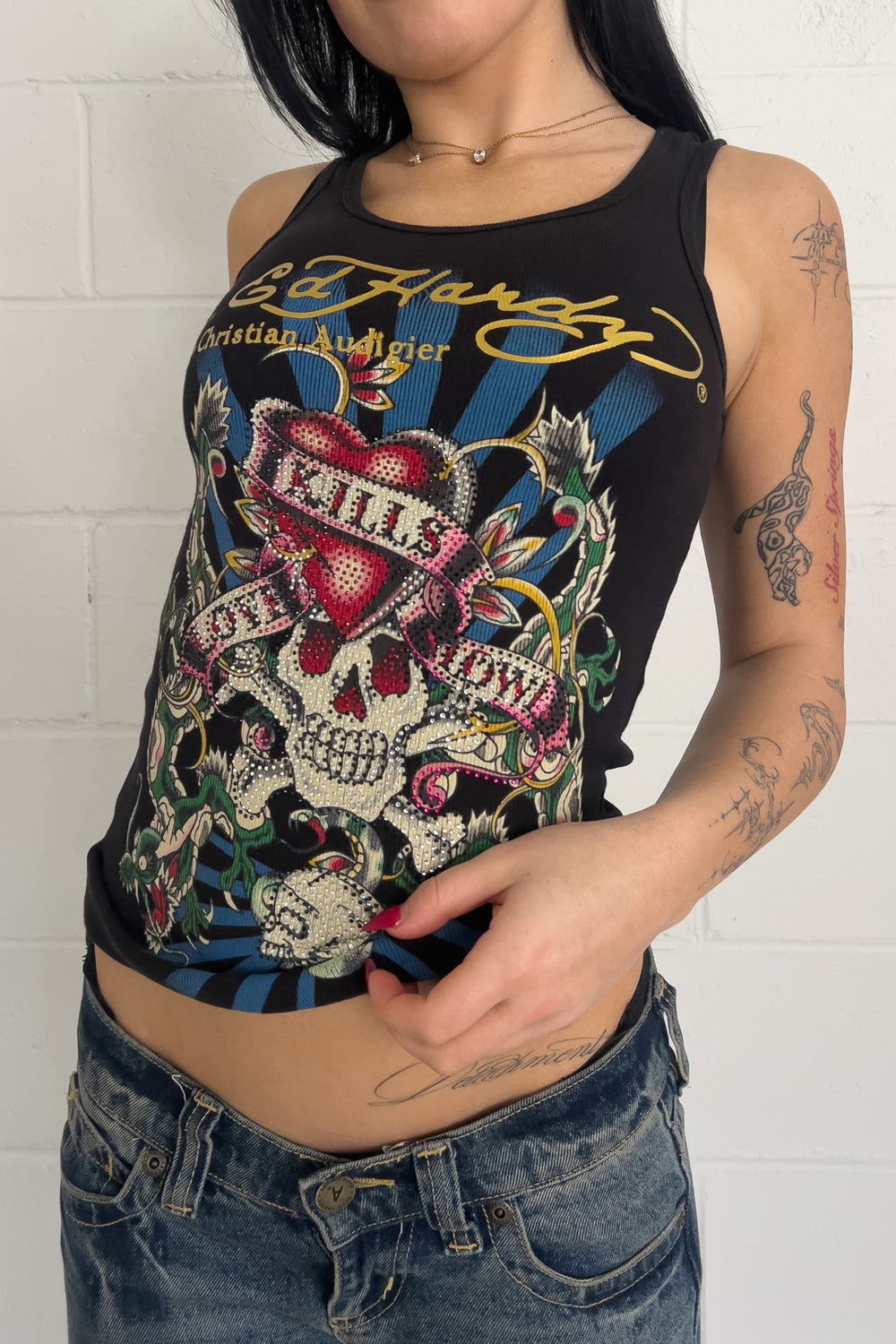 ED HARDY black diamante skull graphic tank ★ Size Small