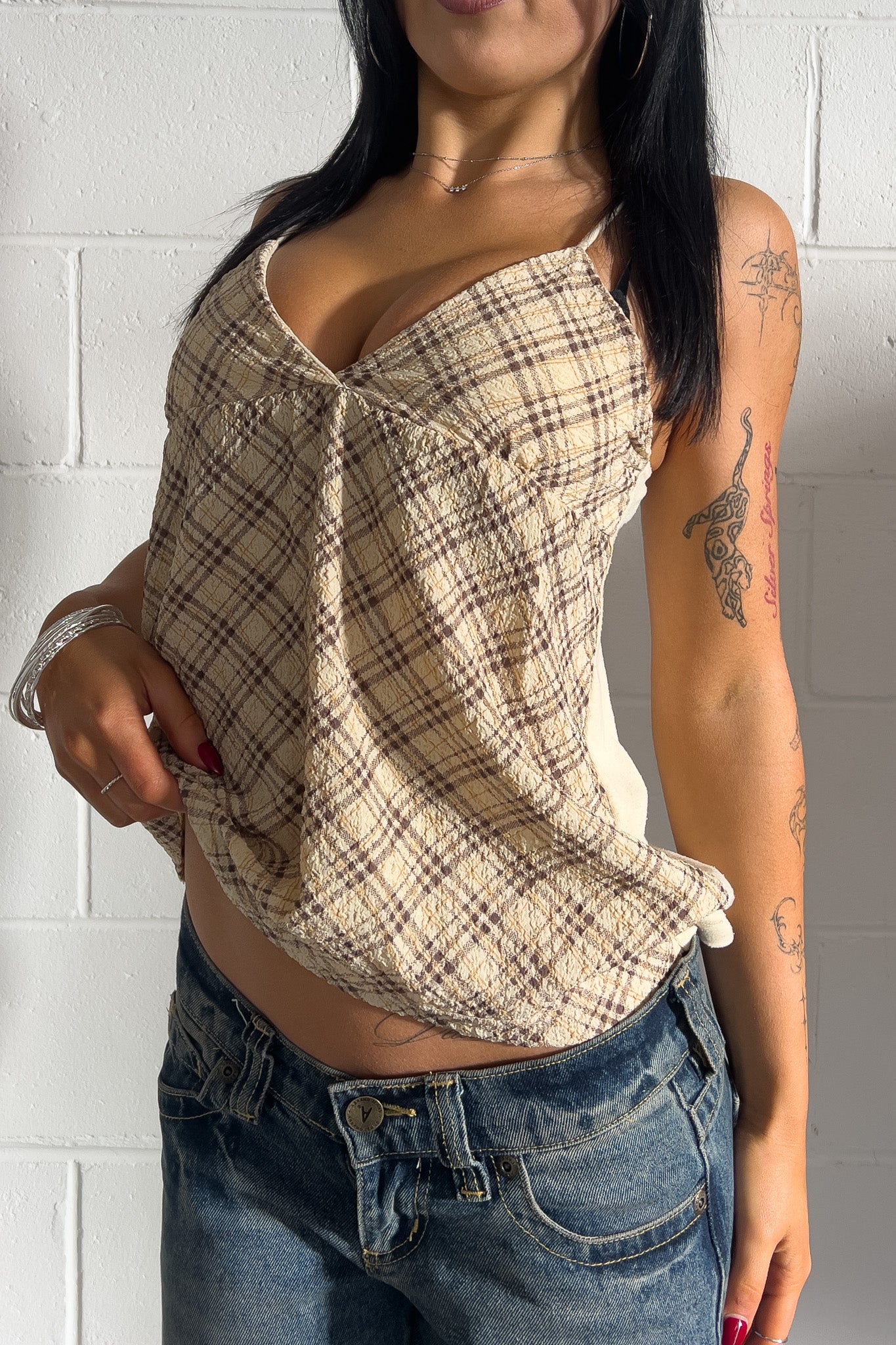Cream plaid top  ★ Size labelled large