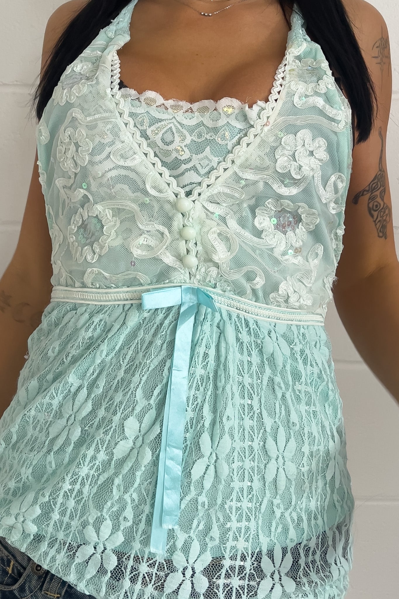Baby blue lace "bow" halter top  ★ Size est  medium