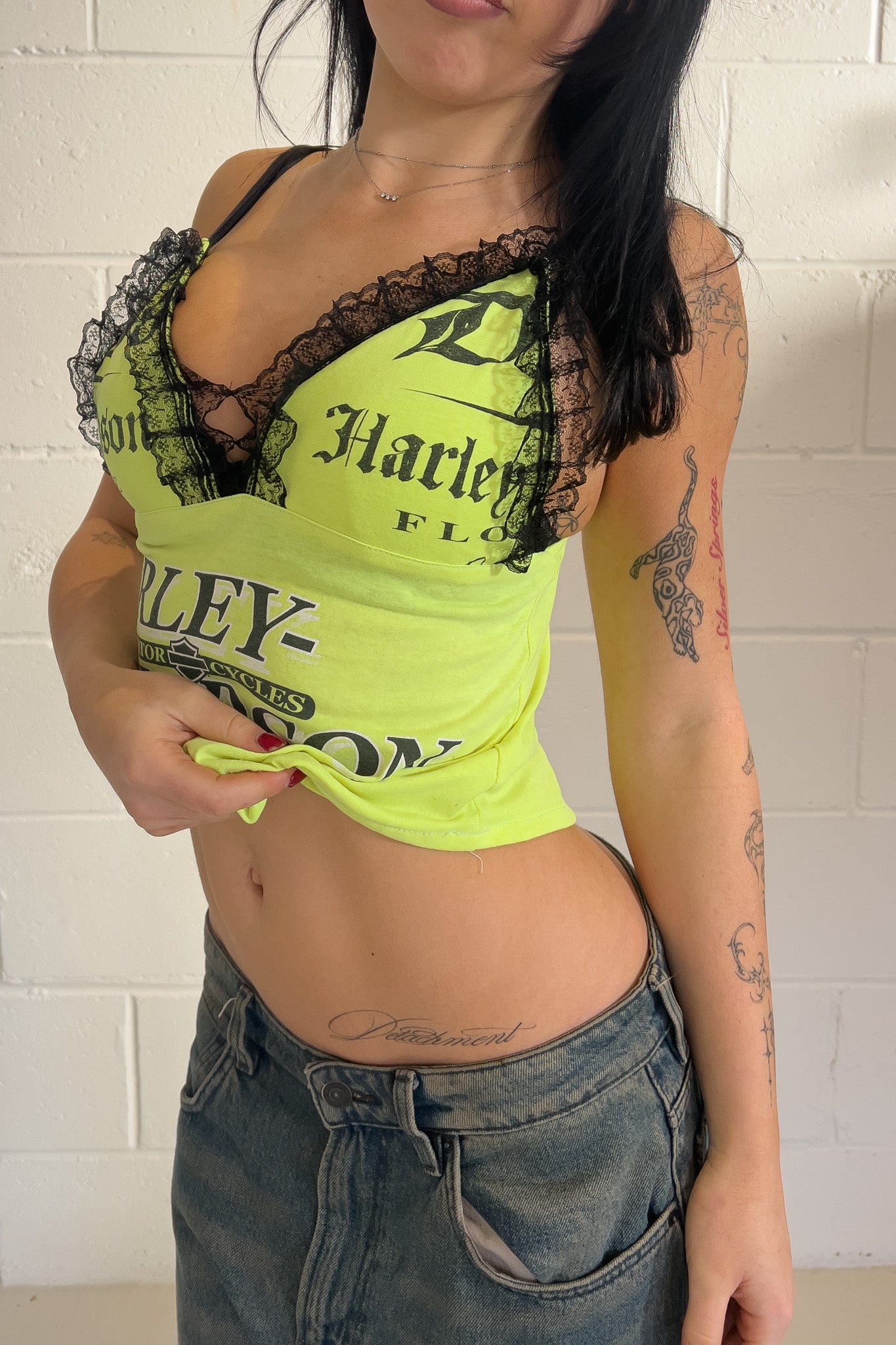 HARLEY DAVIDSON  neon graphic lace frill tank  ★ Size small