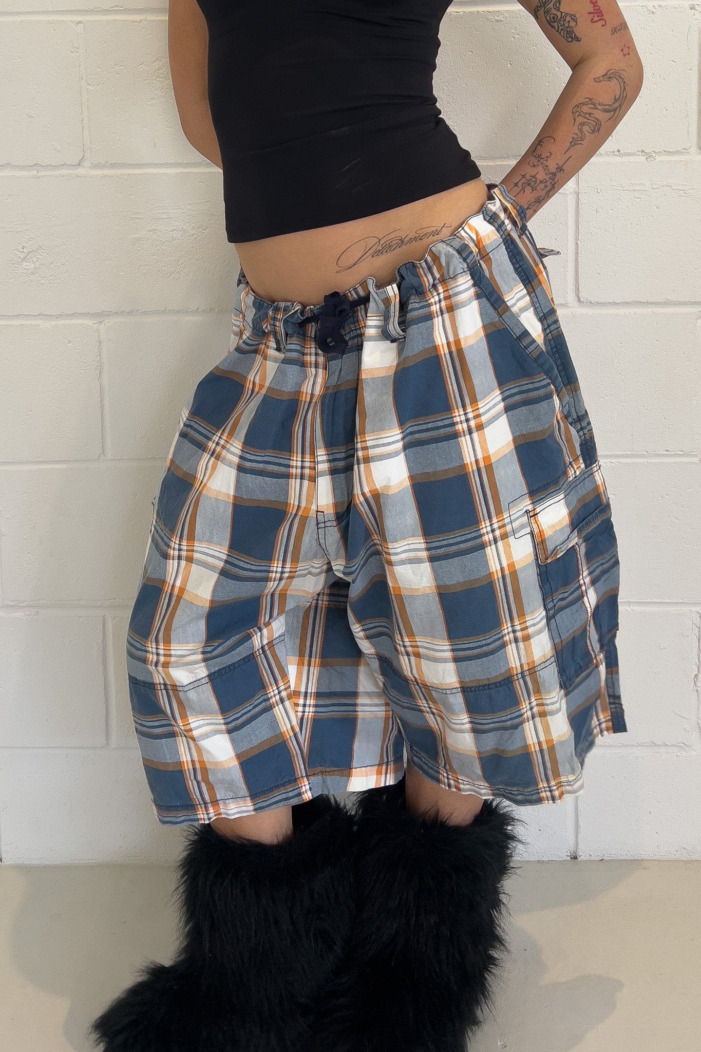 BLACK ICE orange + blue plaid short ★ One size adjustable waist