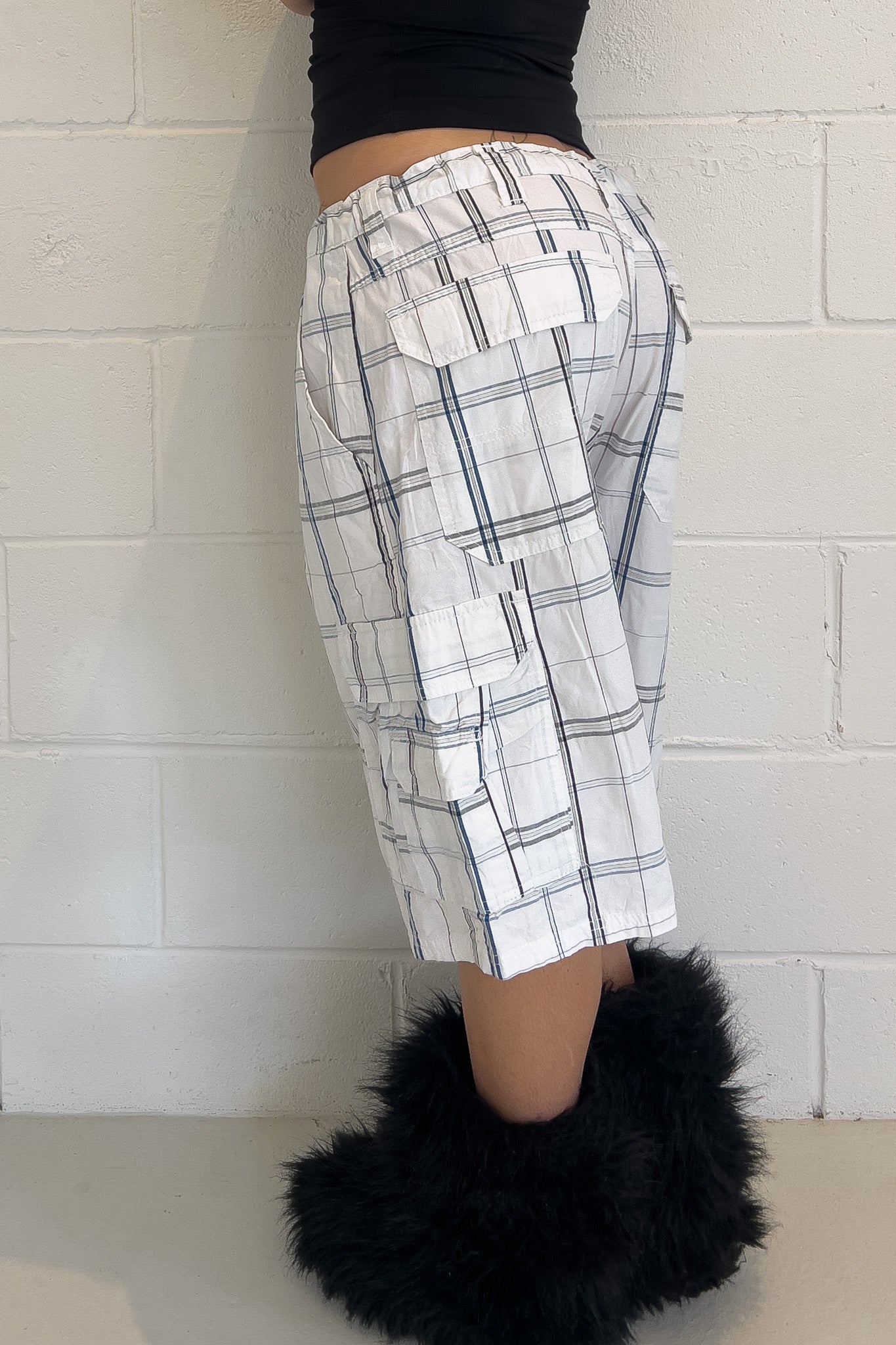 White + blue plaid short ★ One size adjustable waist