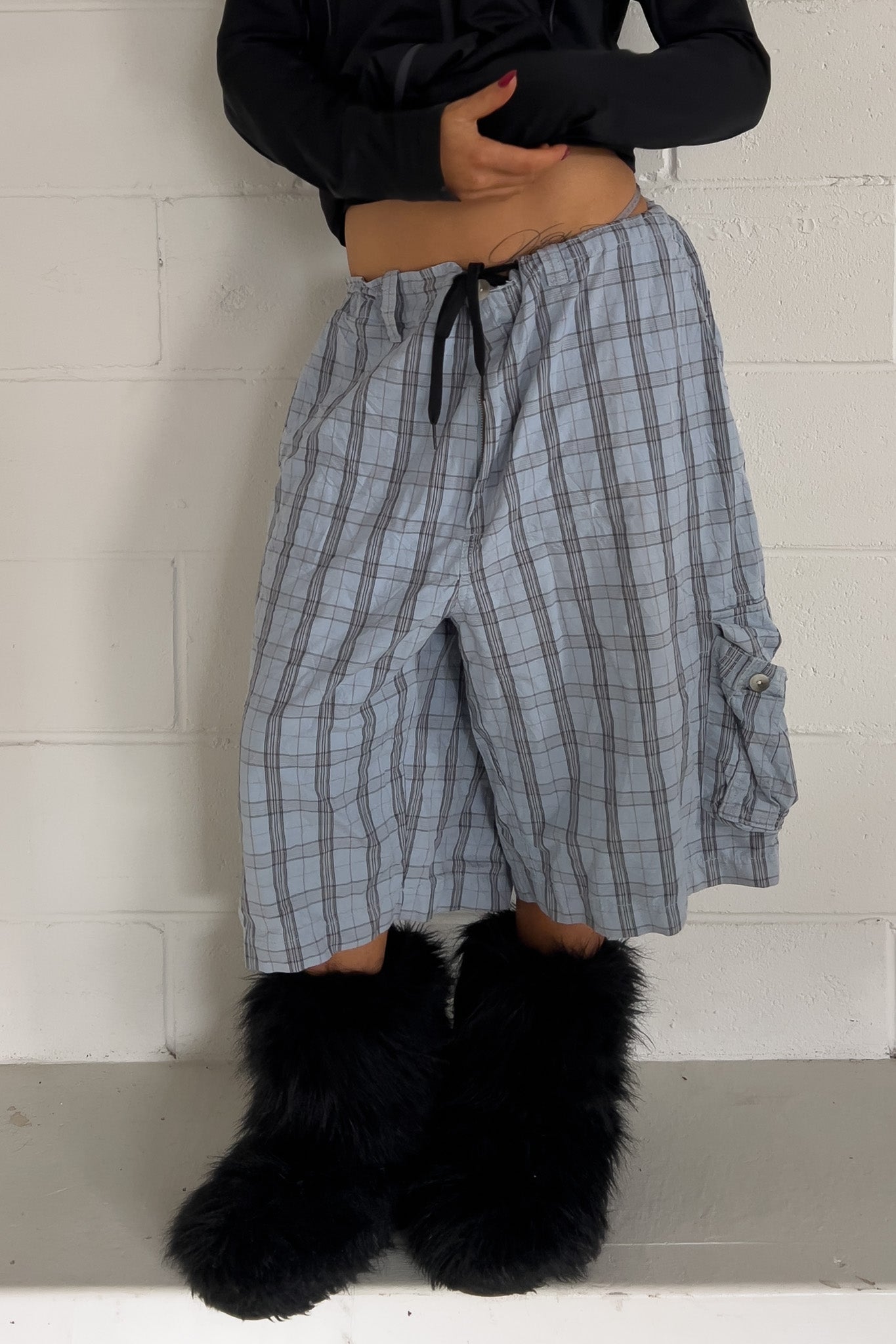 CARGO steel blue plaid short ★ One size adjustable waist