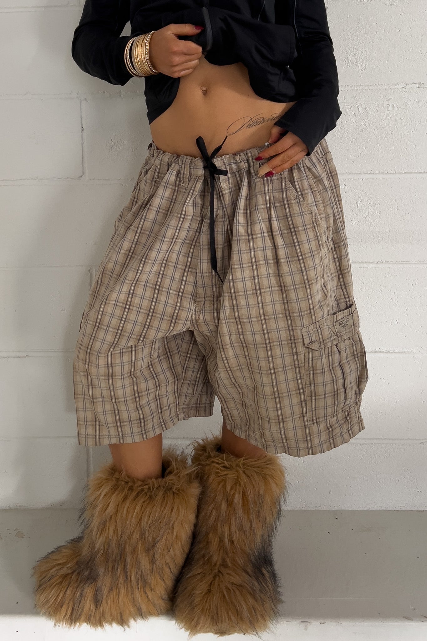 WRANGLER beige plaid short ★ One size adjustable waist