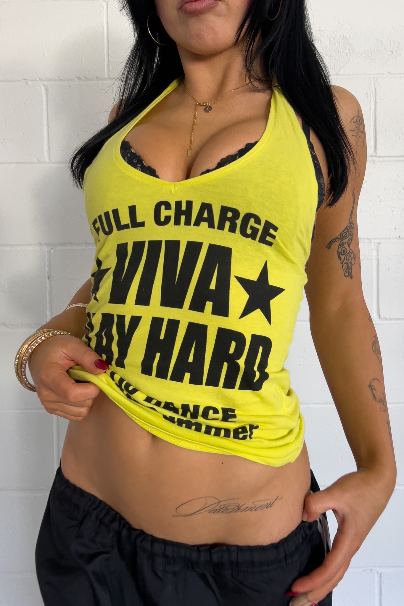 Neon "viva play hard" graphic halter ★ Size est small