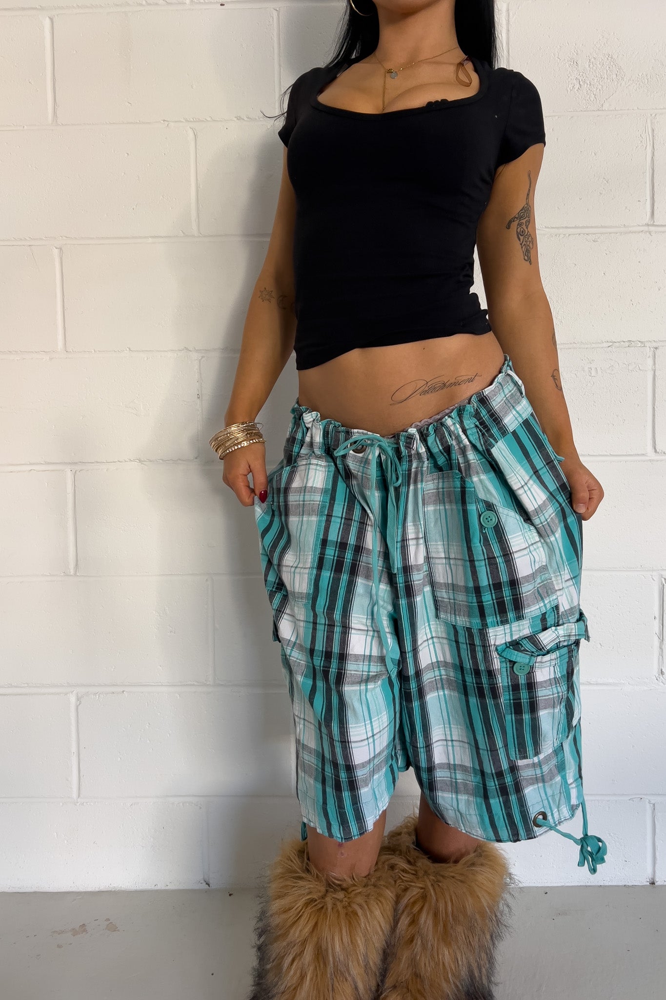 VENEZIA aqua plaid short ★ One size adjustable waist