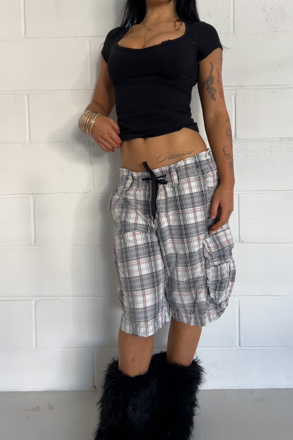 STONES white + red + blue plaid short ★ One size adjustable waist