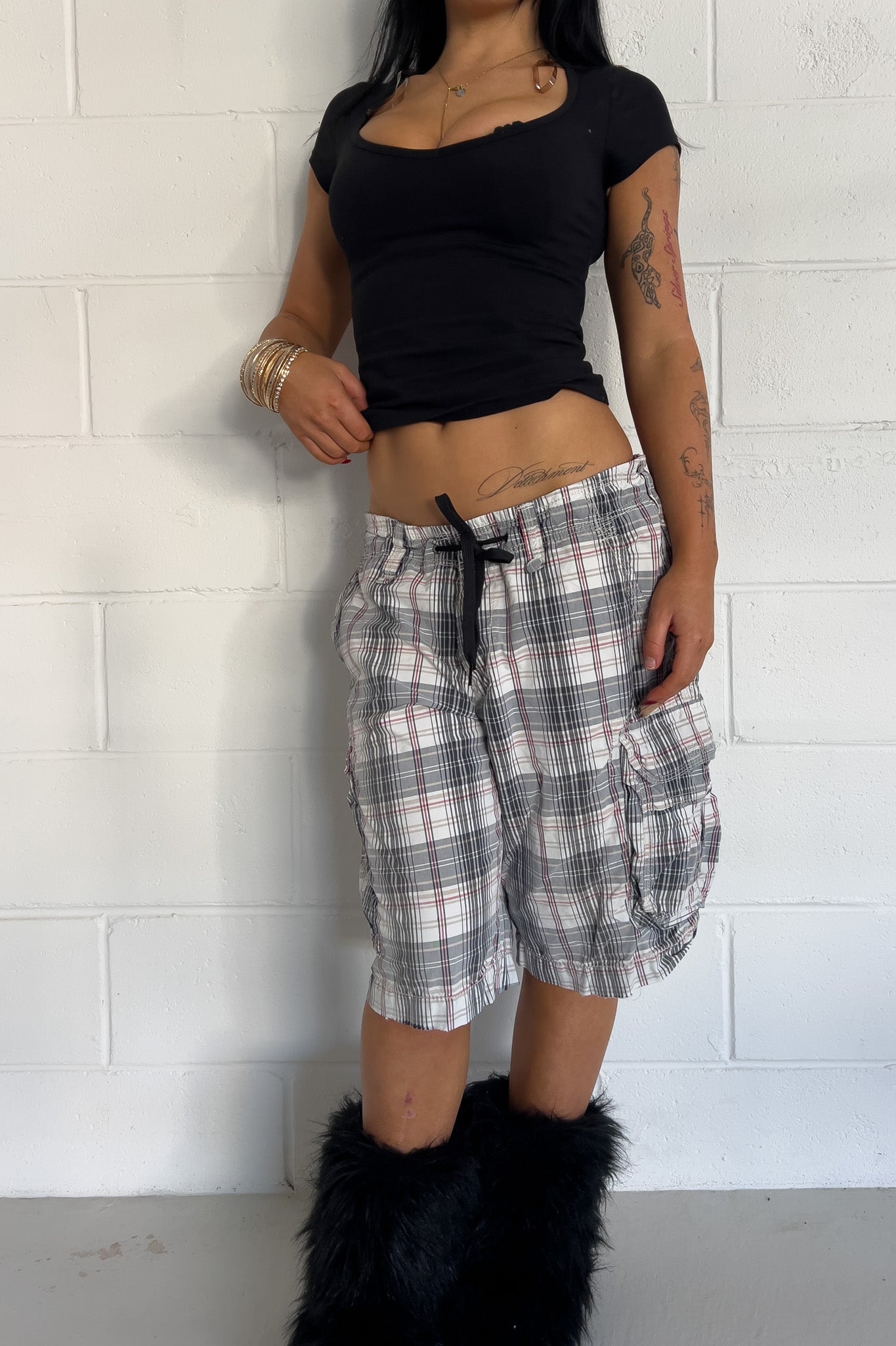 STONES white + red + blue plaid short ★ One size adjustable waist