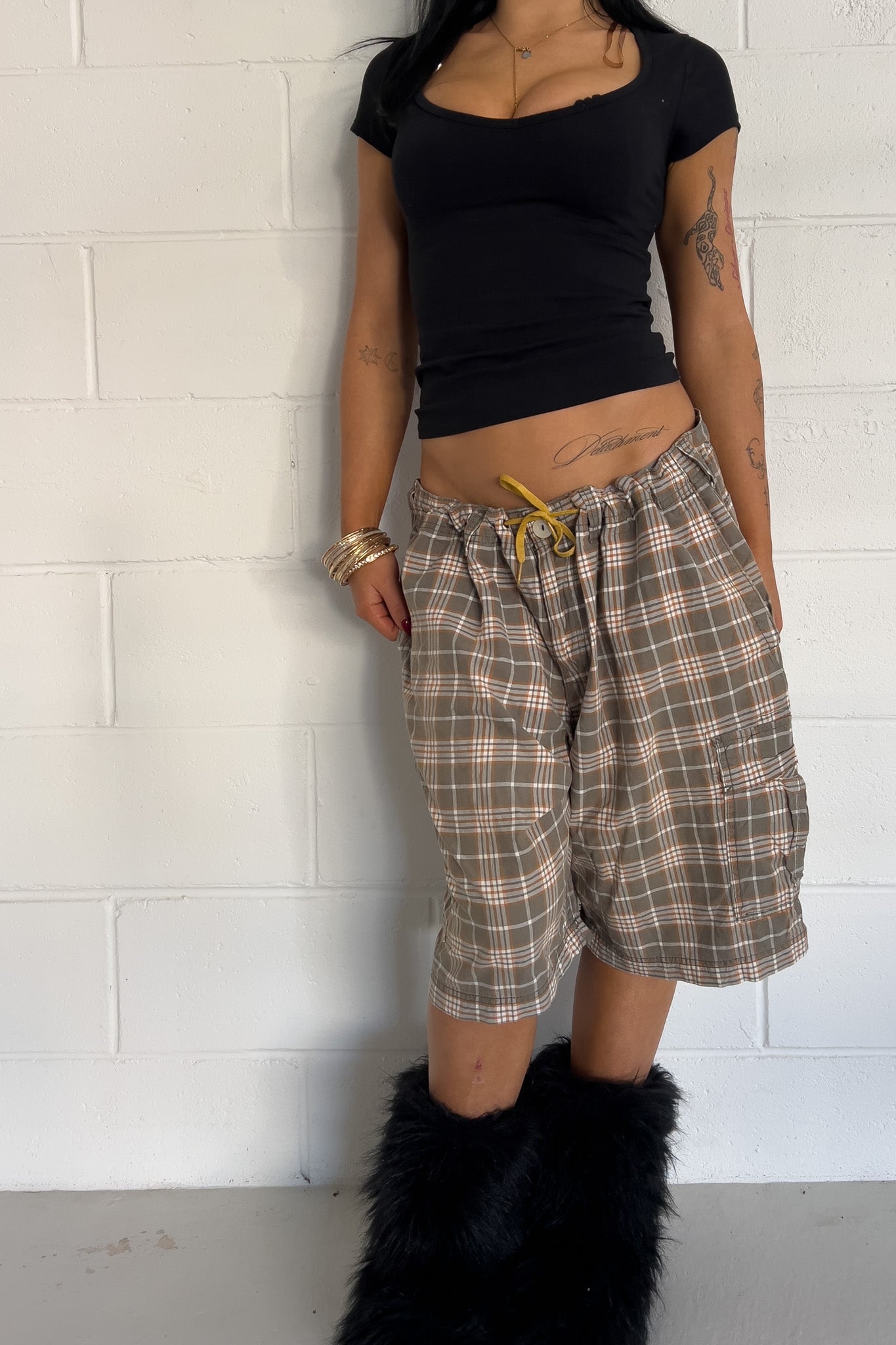 EDDIE BAUEV brown + orange  plaid short ★ One size adjustable waist