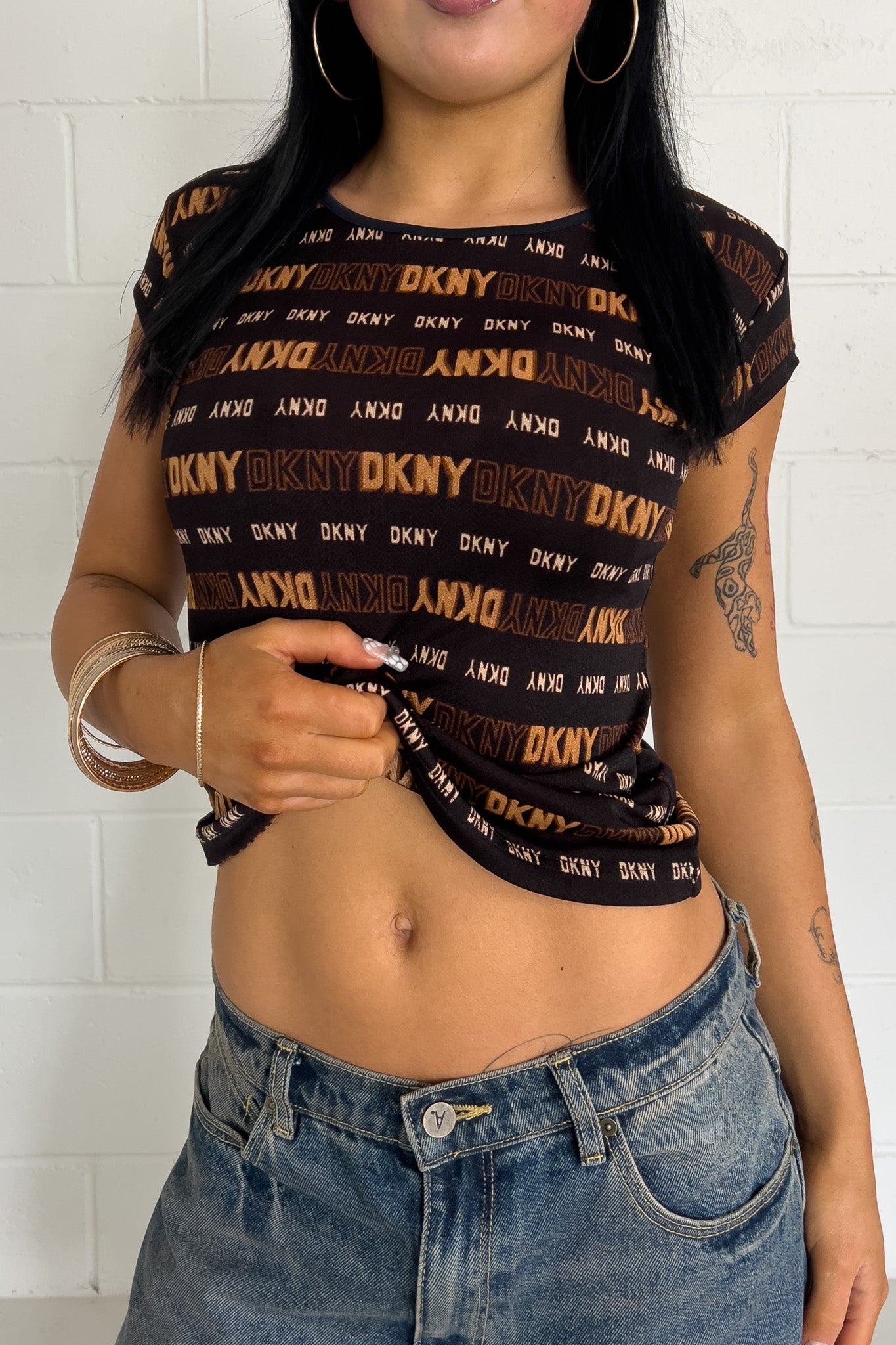 DKNY brown graphic sheer top ★ Size labelled medium/large