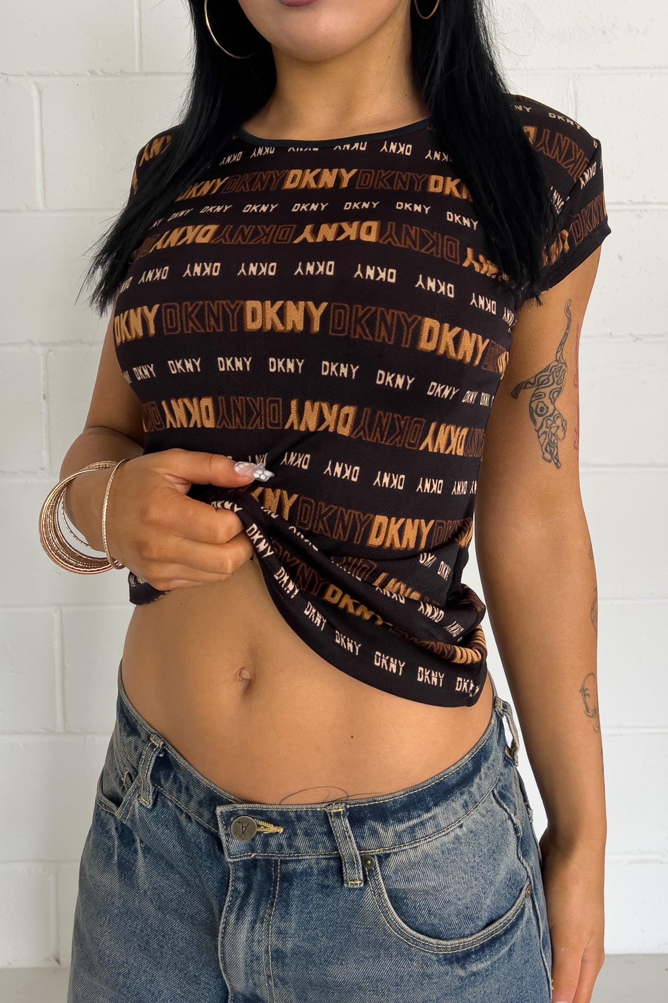 DKNY brown graphic sheer top ★ Size labelled medium/large