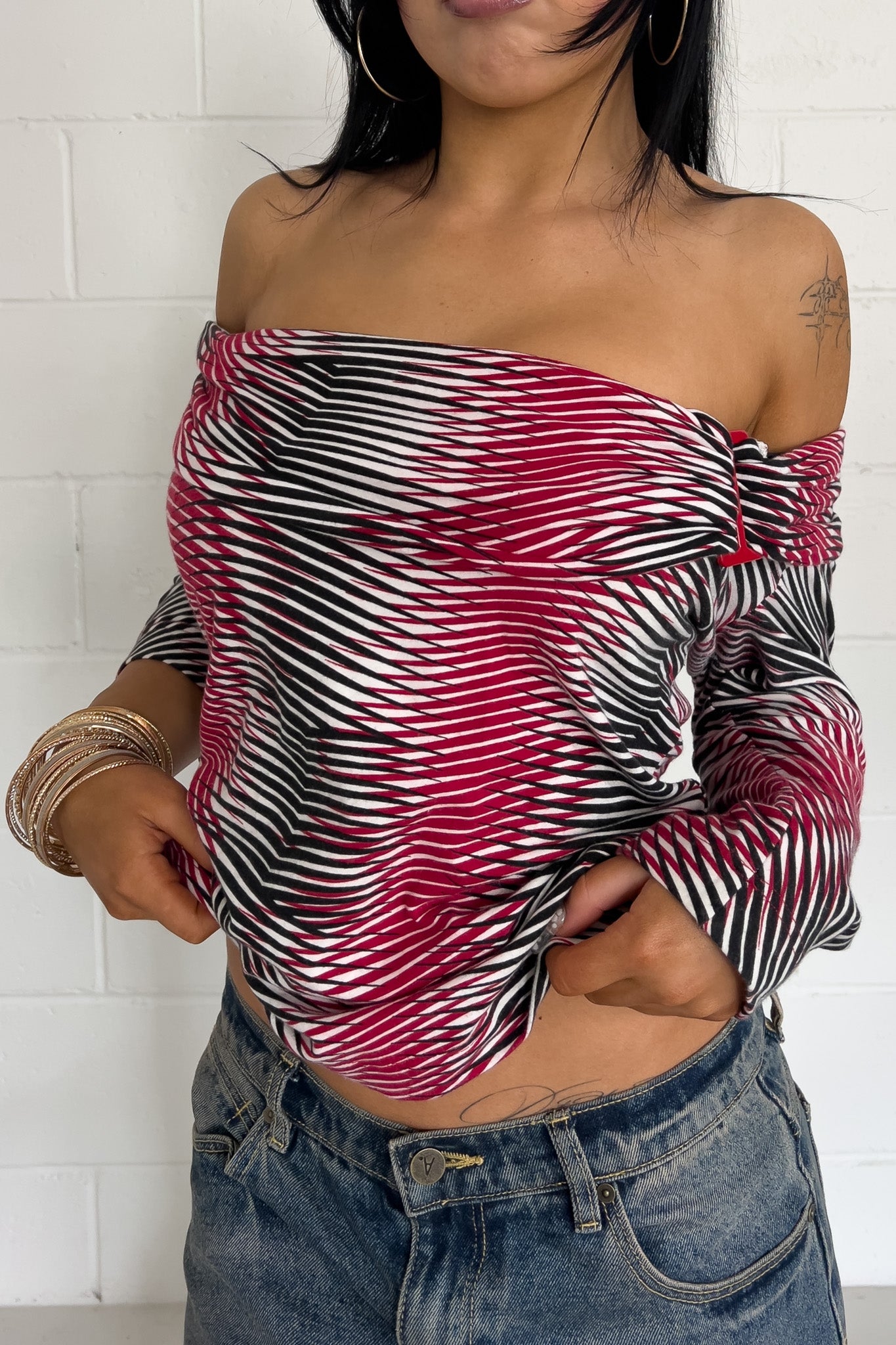 MISS SIXTY red + black stripe off-shoulder top ★ Size labelled medium