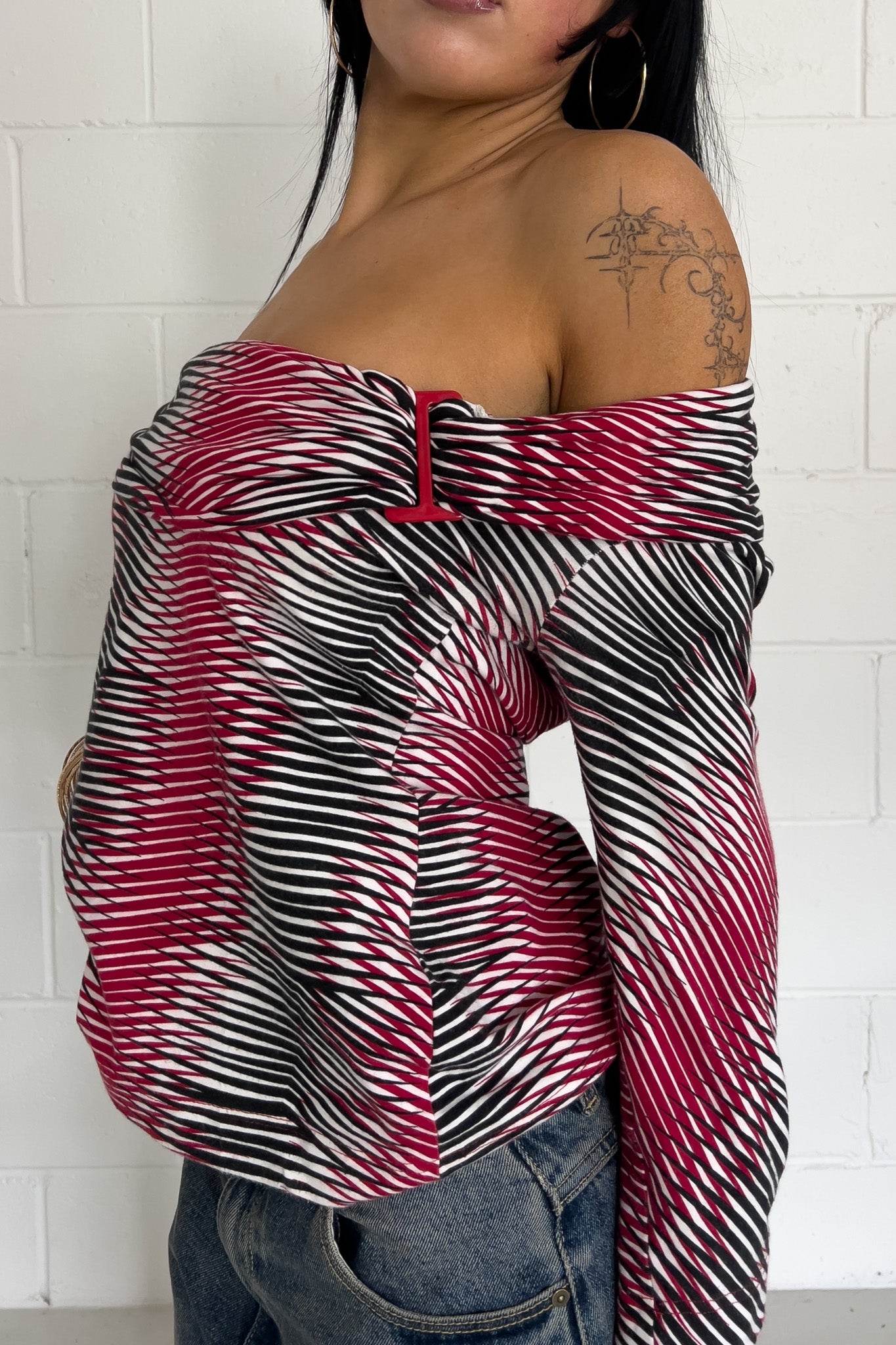 MISS SIXTY red + black stripe off-shoulder top ★ Size labelled medium