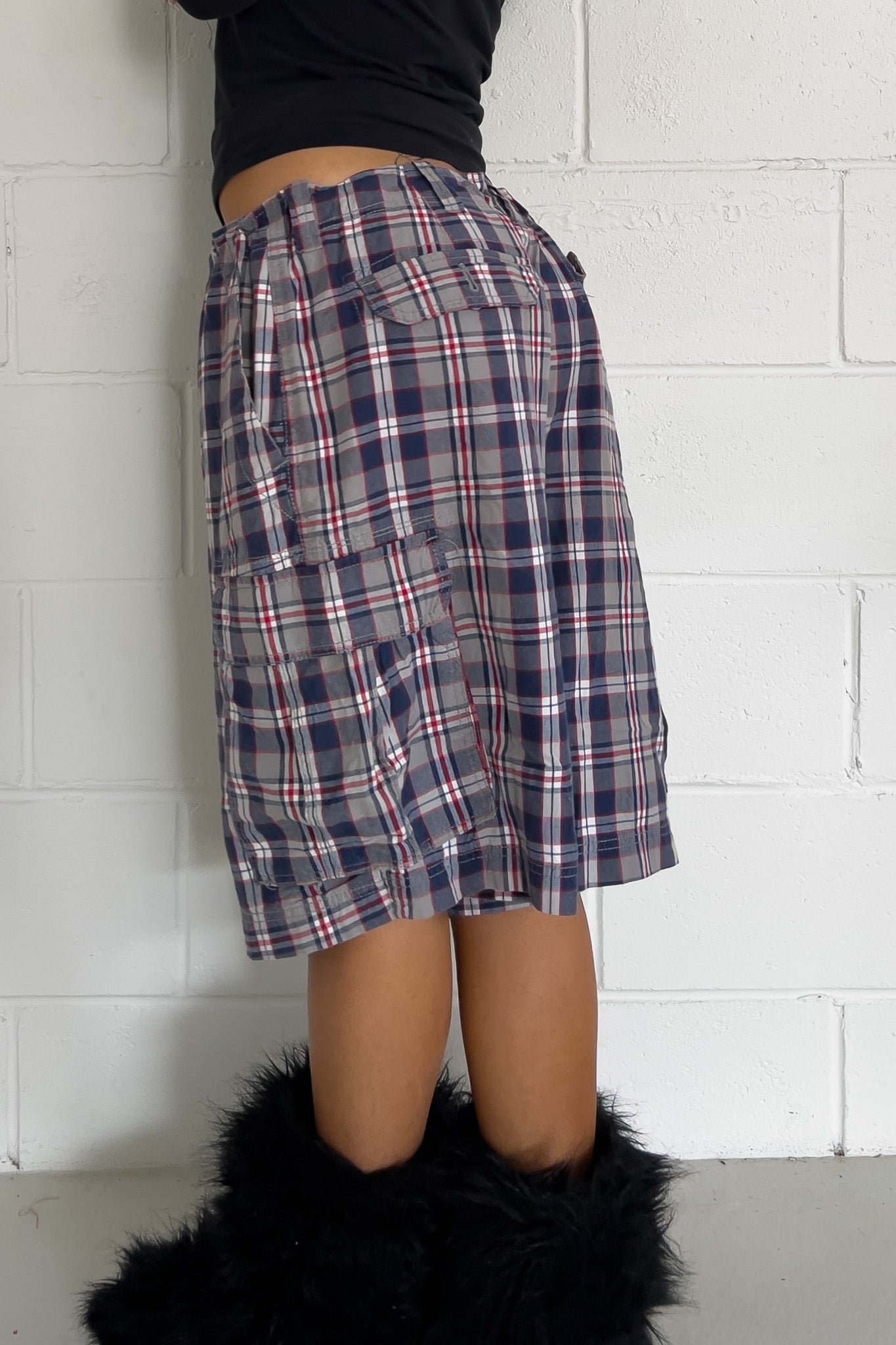 ST JOHNS BAY red + blue plaid short ★ One size adjustable waist