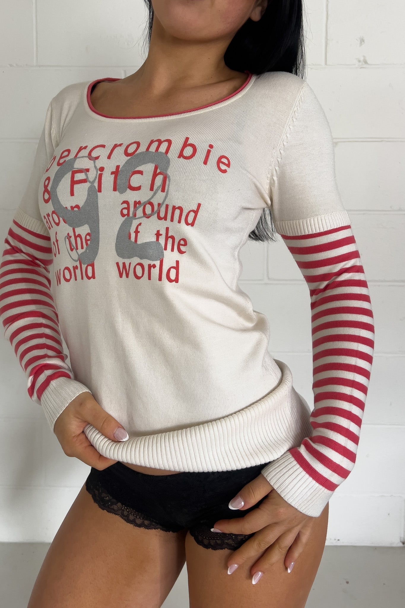 ABERCROMBIE cream + pink long sleeve knit top ★ Size est medium