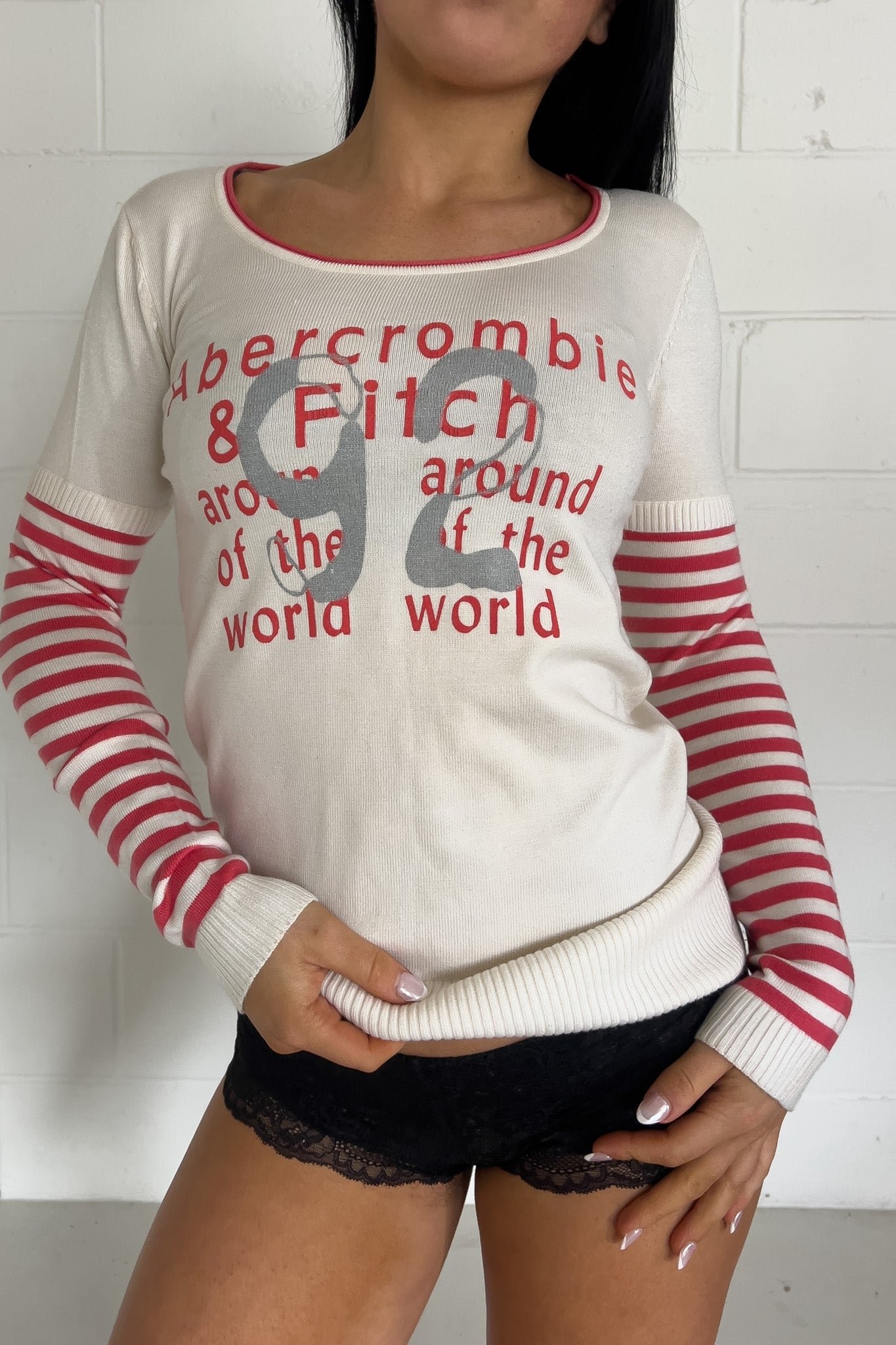 ABERCROMBIE cream + pink long sleeve knit top ★ Size est medium