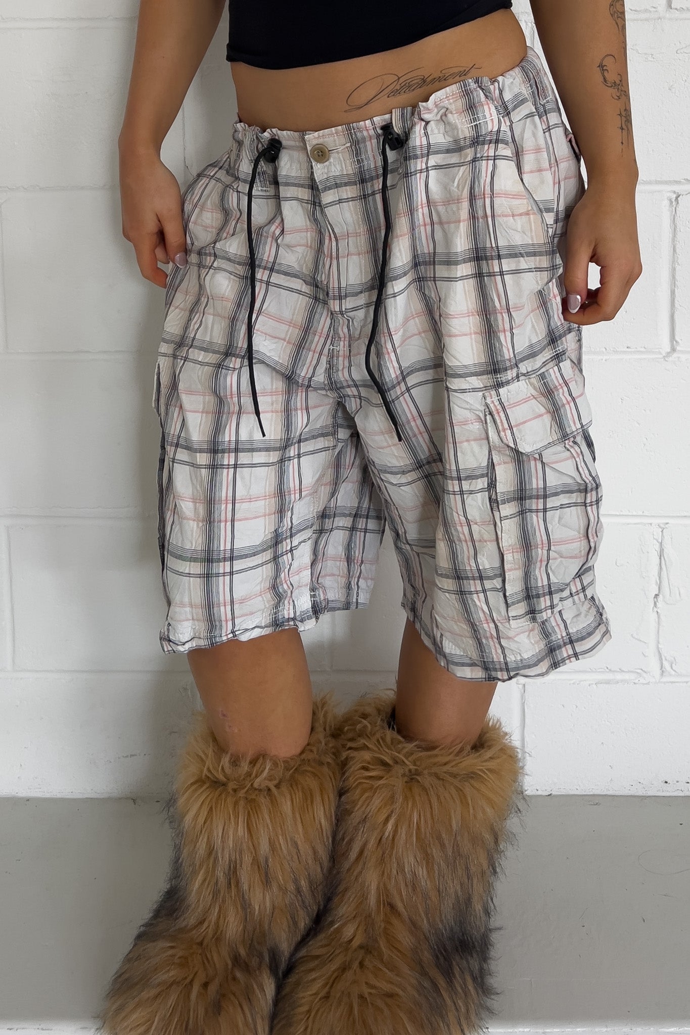 ST. JHONS BAY white + blue + red plaid short ★ One size adjustable waist