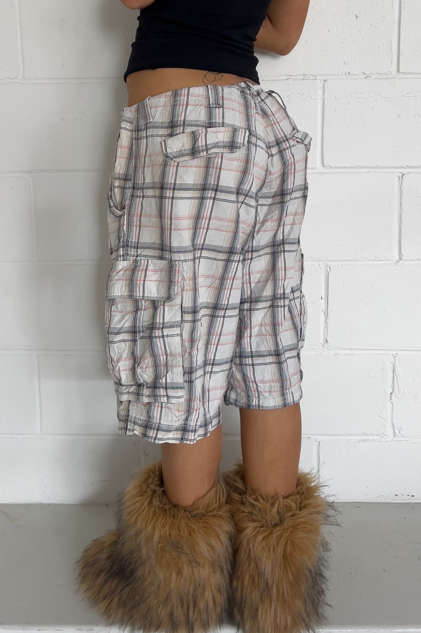 ST. JHONS BAY white + blue + red plaid short ★ One size adjustable waist