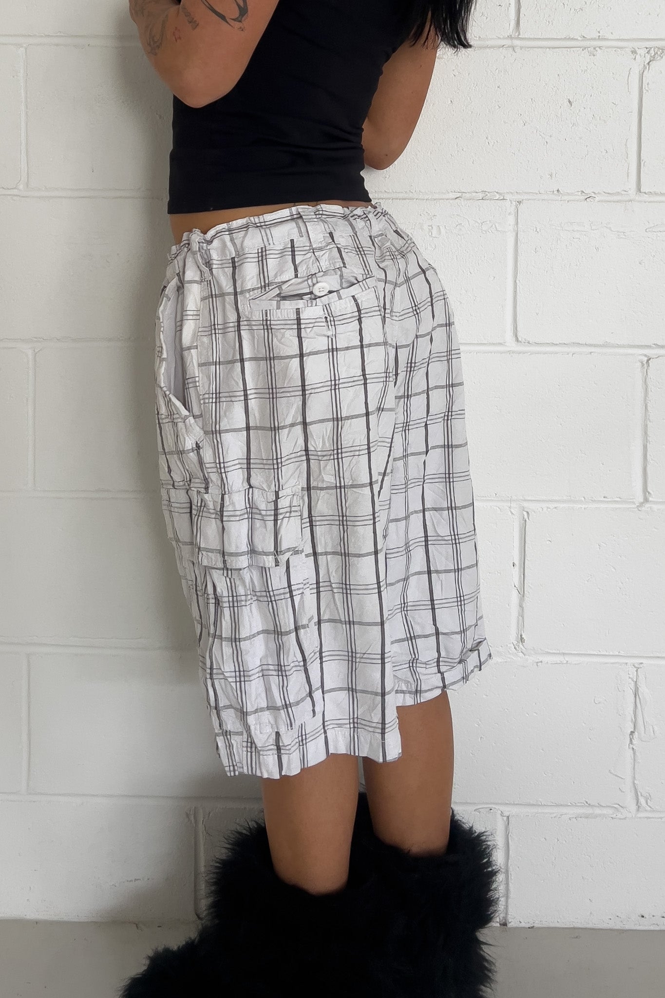 FADED GLORY white + grey plaid short ★ One size adjustable waist