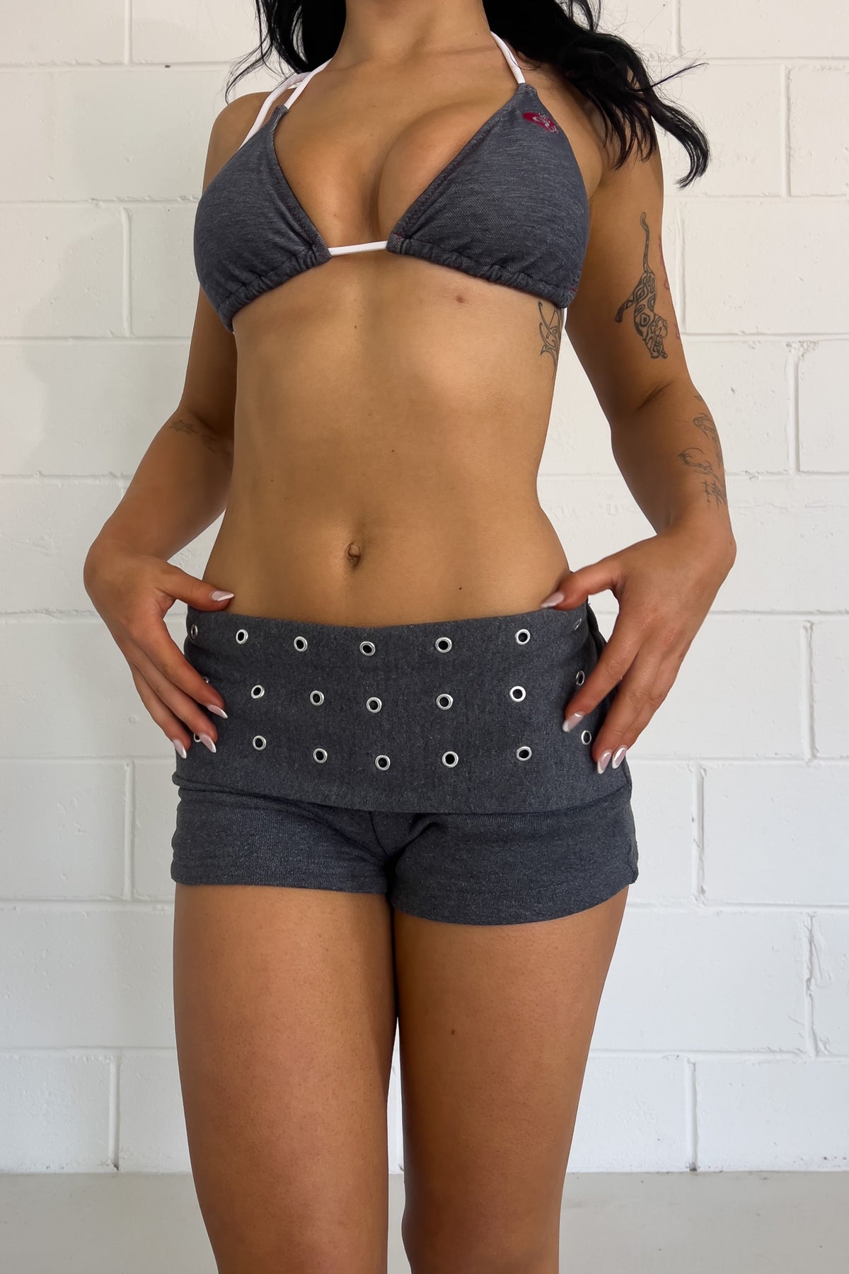 Dark charcoal studded festival shorts  ★  Size estimated small/medium (stretchy fit)