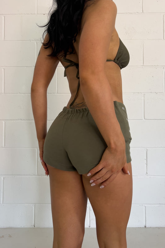 Khaki studded festival shorts  ★  Size estimated small/medium (Stretchy fit)
