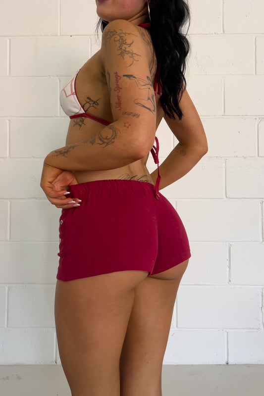 Dark red studded festival shorts  ★  Size estimated small/medium (Stretchy fit)