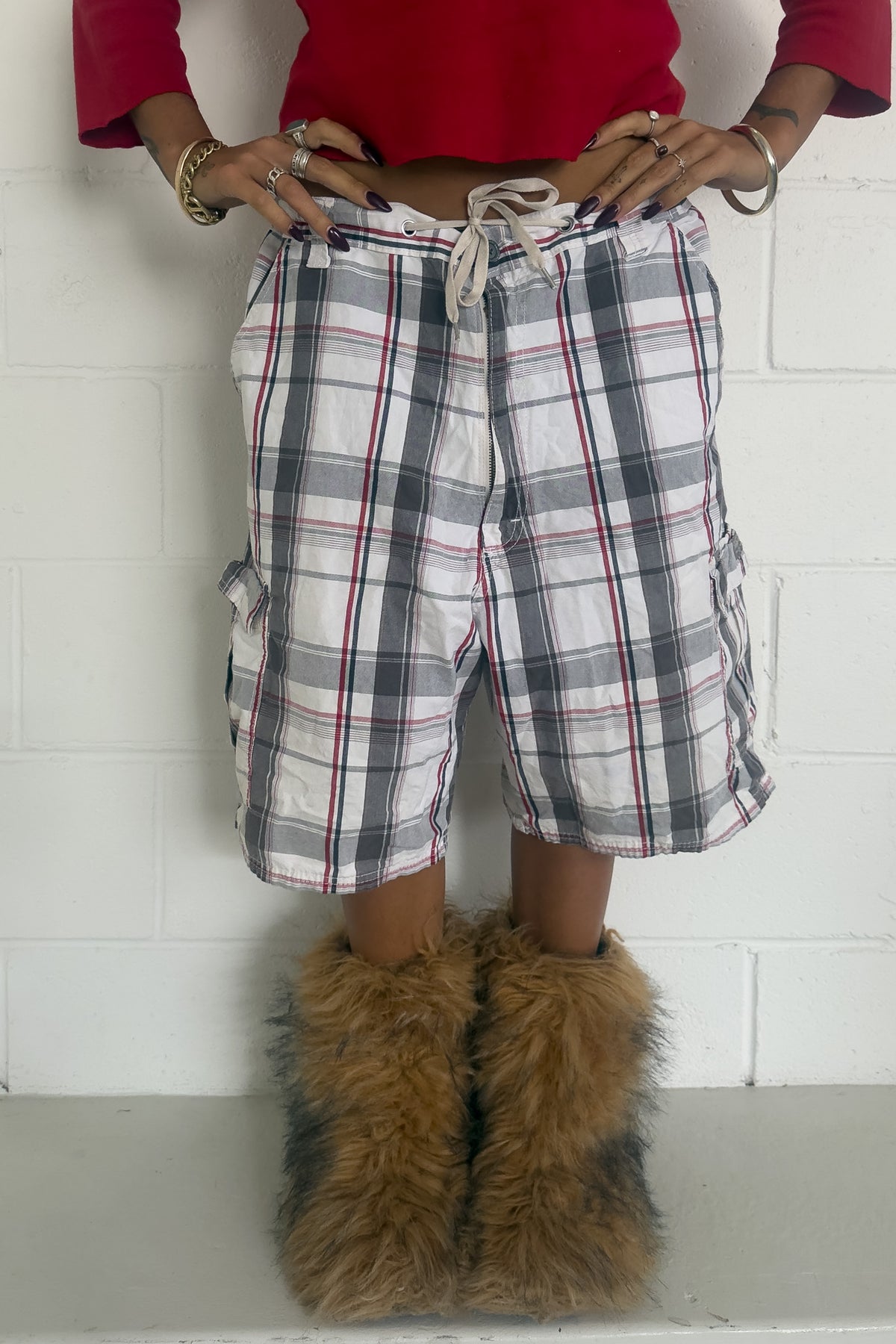 Red and grey plaid short ★ One size adjustable waist