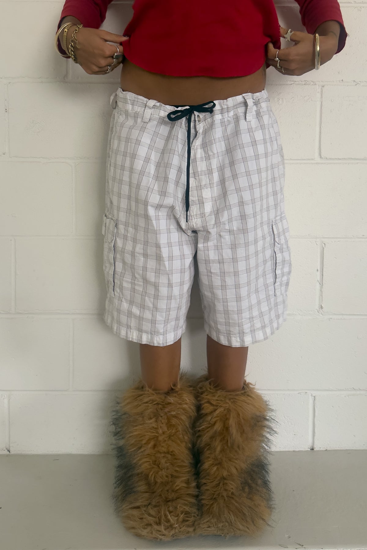 DOCKERS white + grey plaid short ★ One size adjustable waist
