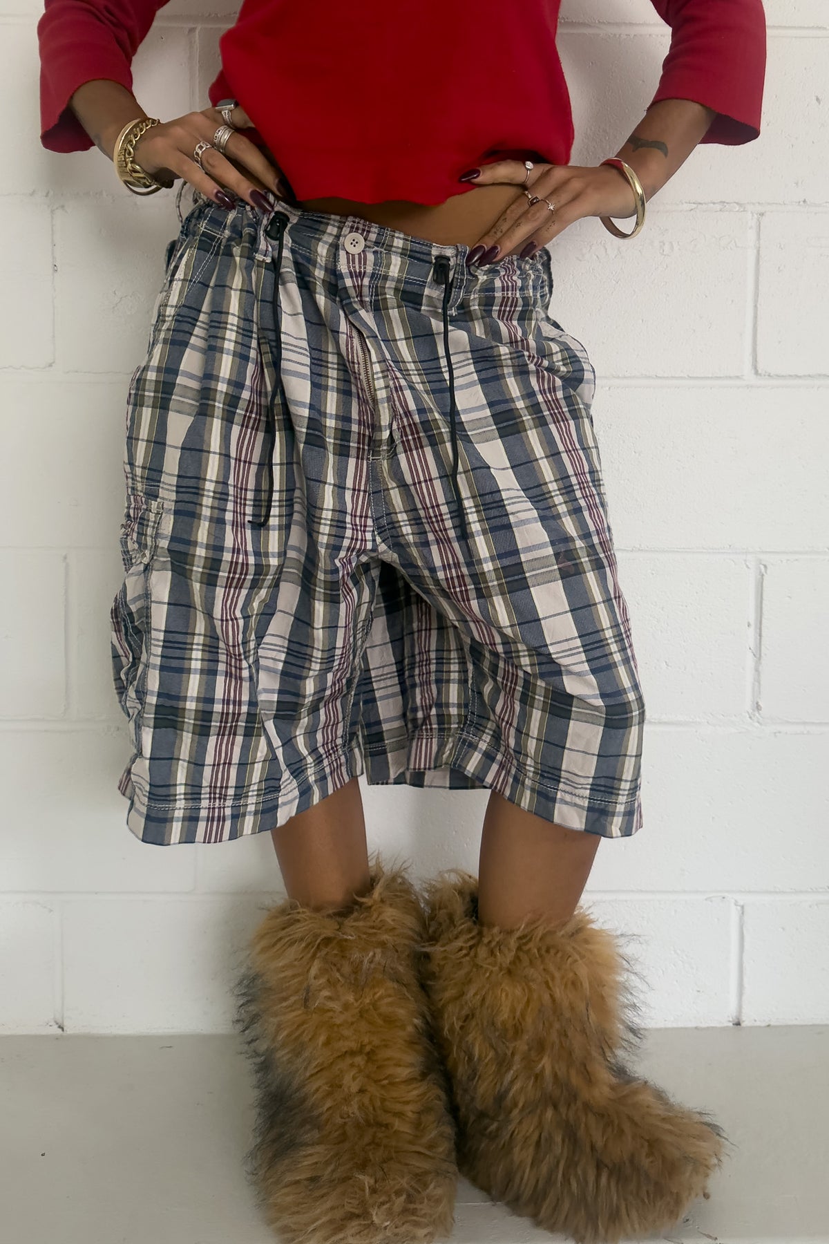 FOUNDRY purple + blue + cream plaid short ★ One size adjustable waist