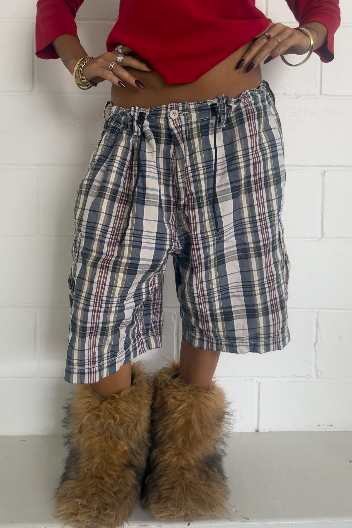FOUNDRY purple + blue + cream plaid short ★ One size adjustable waist
