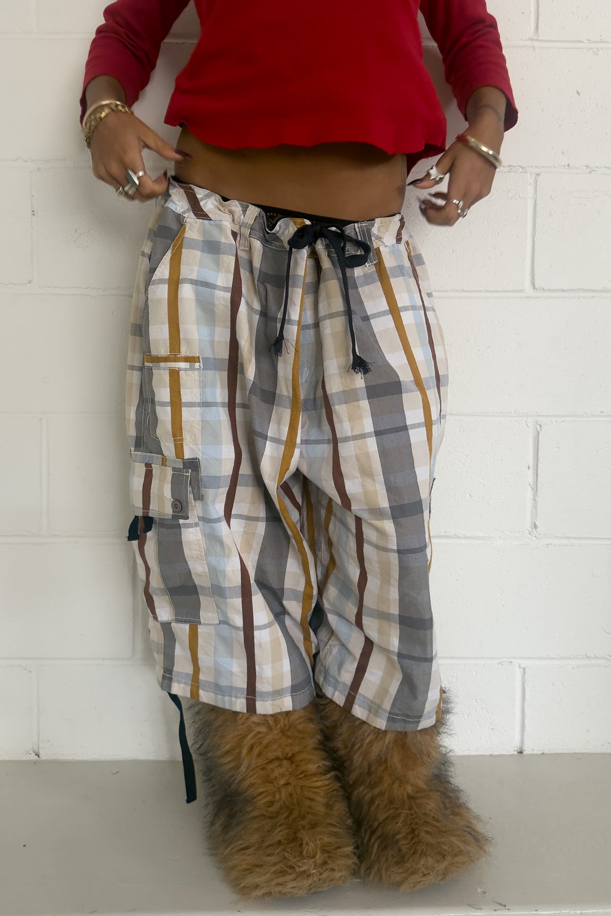 NXP cream + navy + mustard yellow plaid short ★ One size adjustable waist