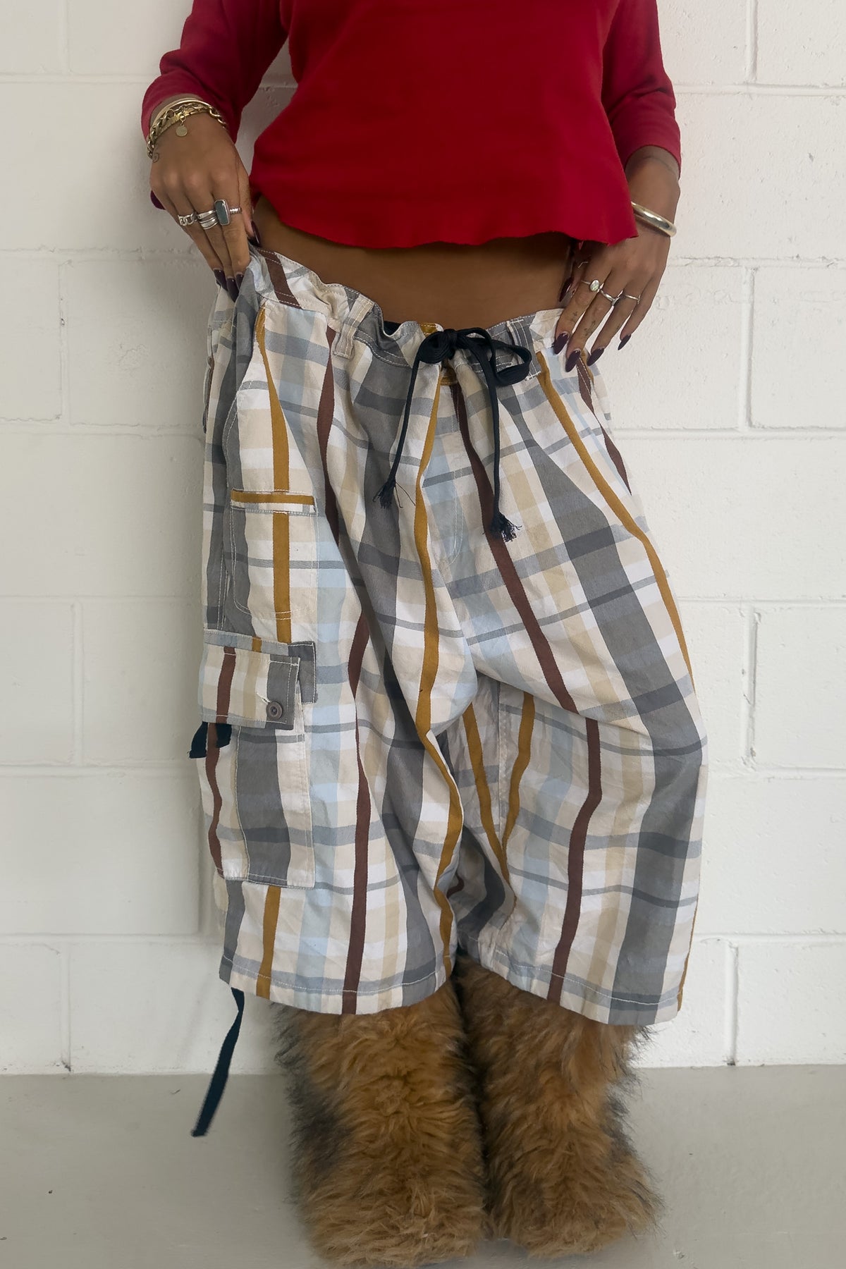 NXP cream + navy + mustard yellow plaid short ★ One size adjustable waist